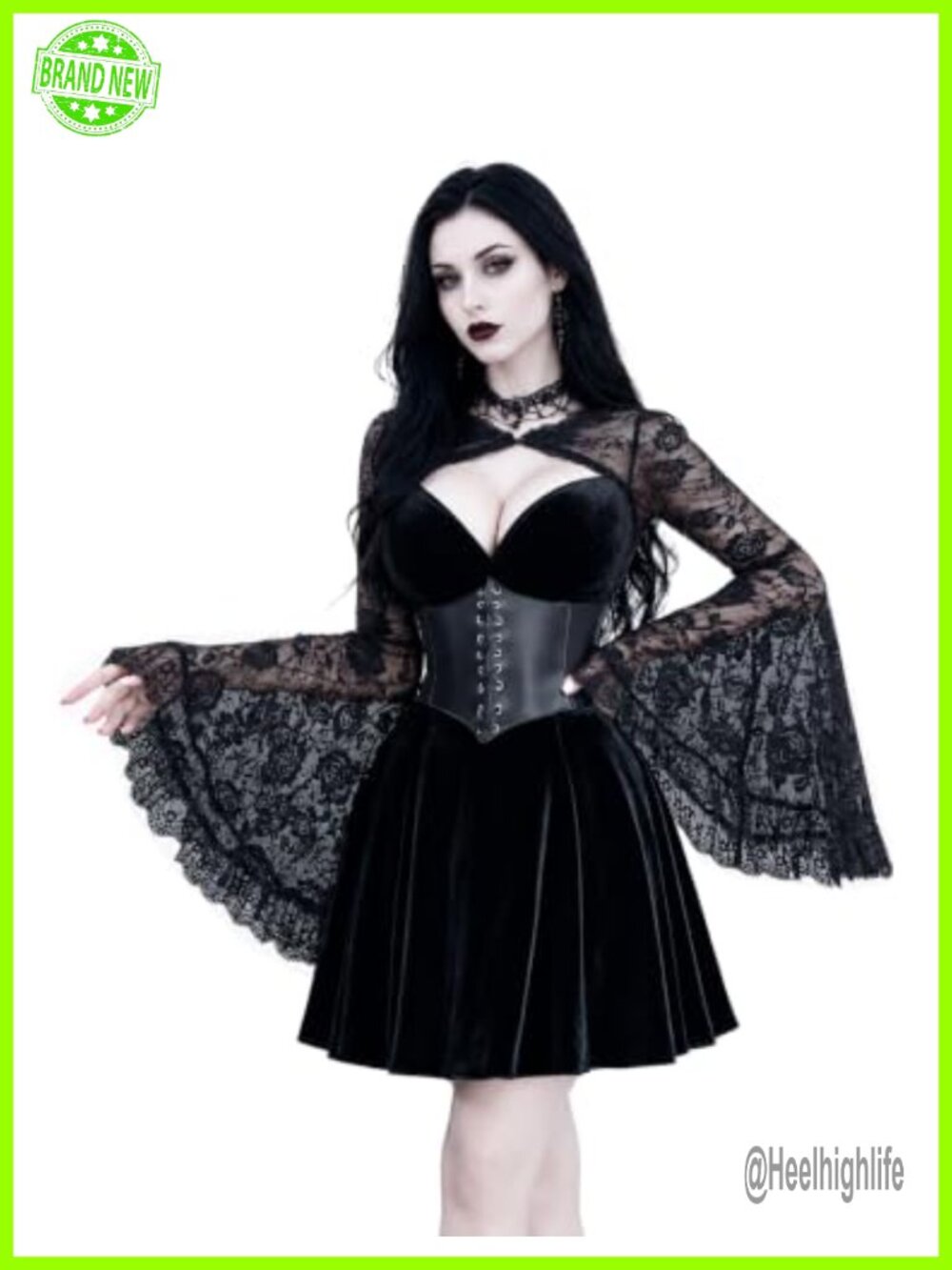 Gothic Velvet Mini Dress Lace Bell Sleeve Corset A-Line Party